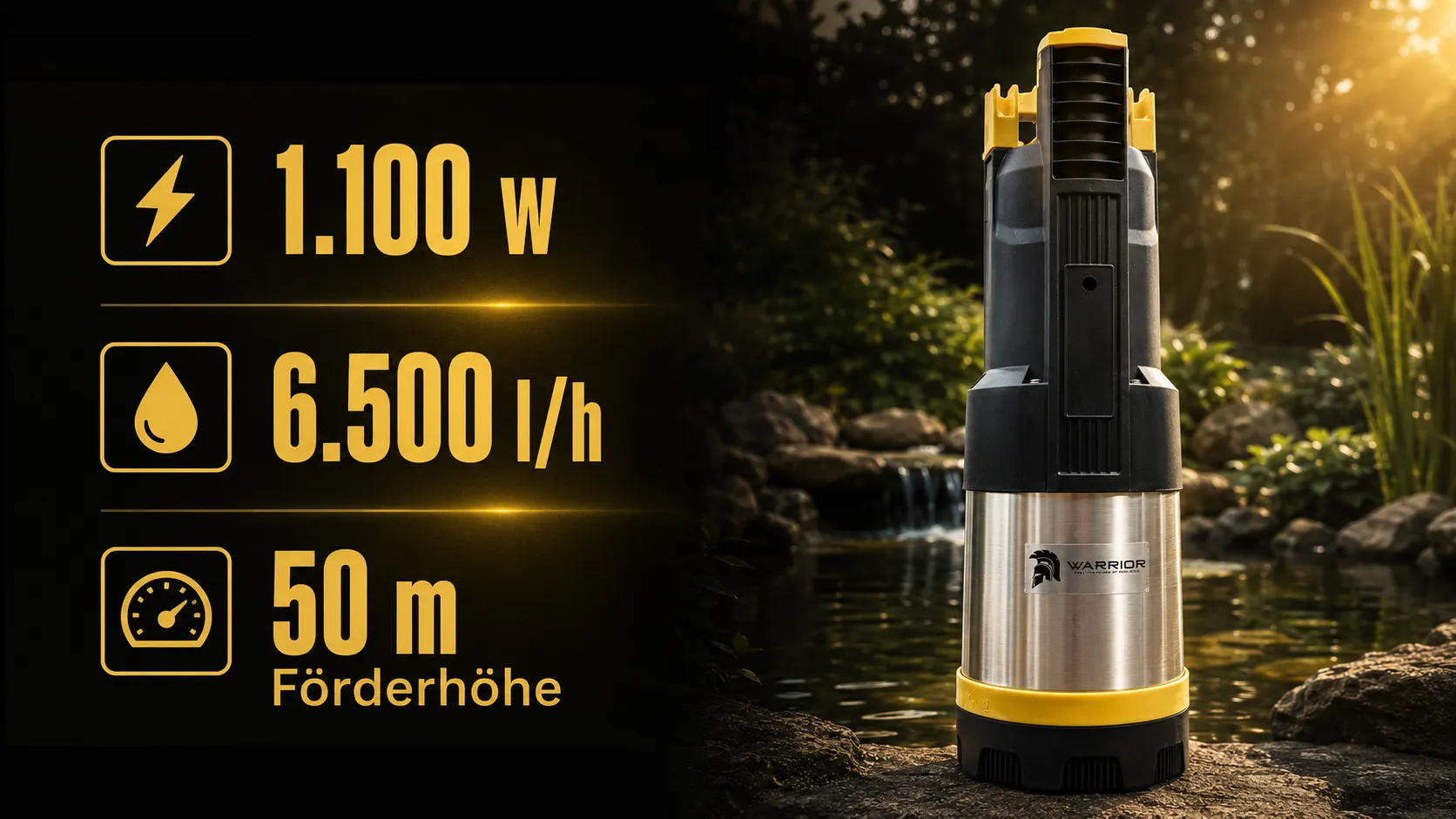 WARRIOR TITAN-PRO ULTRA – Leistungsdaten: 1.100 W, 6.500 l/h, 50 m Förderhöhe